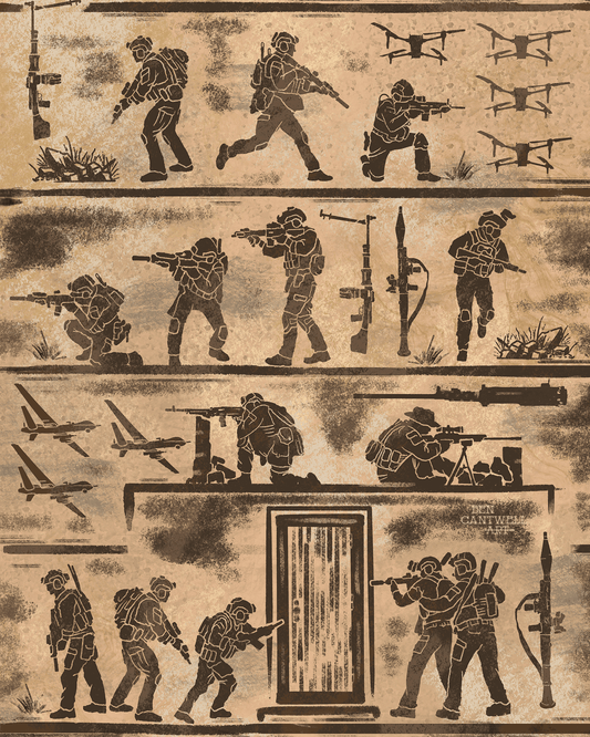 Print of a hieroglyphic war scene by Ben Cantwell Art, showcasing ancient Egyptian combat imagery and detailed hieroglyphic symbols.