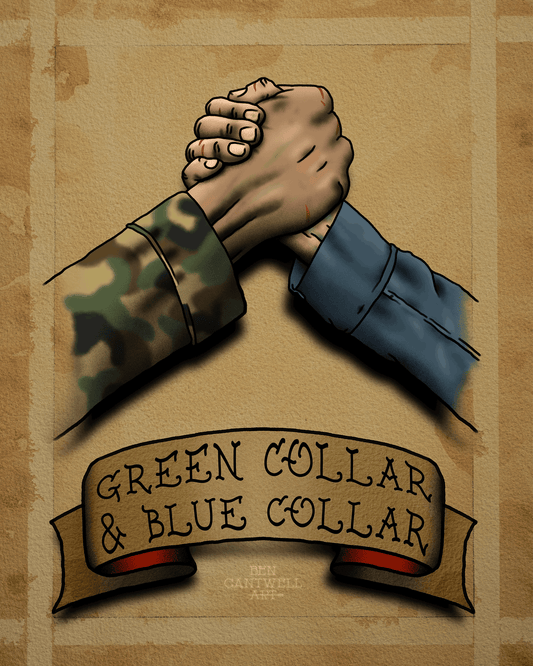 Print by Ben Cantwell Art featuring a green collar and blue collar design, showcasing vibrant colors and detailed artwork.