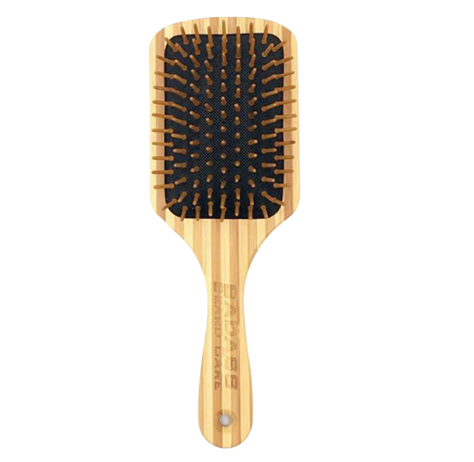 Badass Beard Care bamboo bristle beard brush with wooden handle for grooming and detangling facial hair.