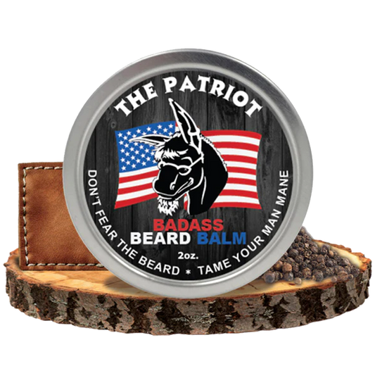Badass Beard Care The Patriot beard balm jar with label, showcasing natural ingredients and a rugged design for grooming.