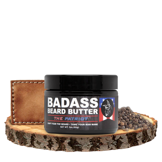 Badass Beard Care Patriot Beard Butter in a jar, showcasing its rich, creamy texture and patriotic-themed packaging for beard grooming.