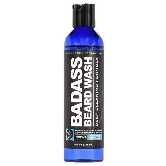 Badass Beard Wash bottle from Badass Beard Care with natural ingredients and masculine branding for clean, refreshed beards.