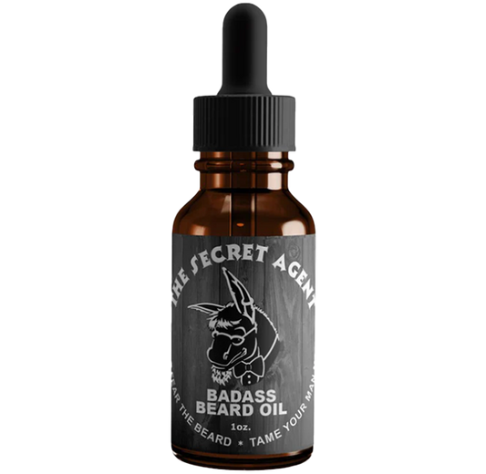 Badass Beard Care The Secret Agent beard oil bottle with black cap and label, designed for grooming and conditioning beards.