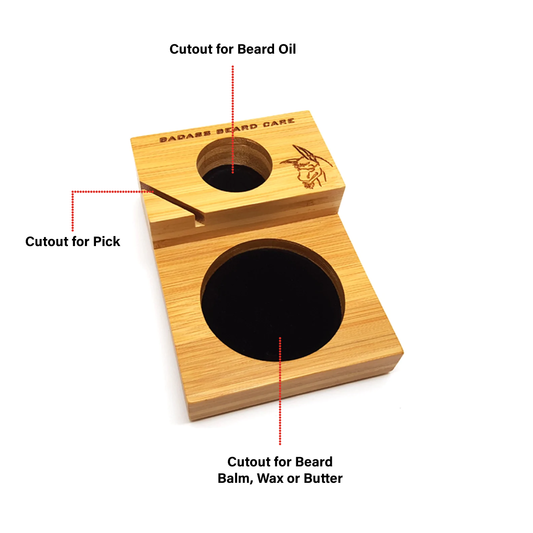 Diagram of the Badass Compact Caddy by Badass Beard Care showing its compartments and design features.