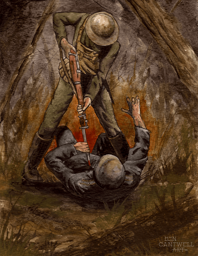Ben Cantwell Art print of Belleau Wood war-torn battlefield scene, detailed military landscape artwork.