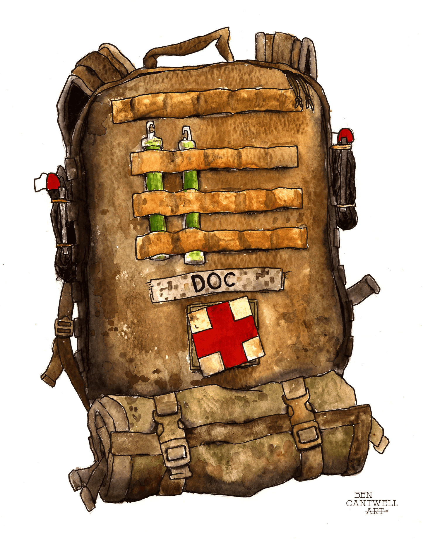 Print of a bag design titled "Doc's Bag" by Ben Cantwell Art, featuring detailed line art of a vintage-style bag.