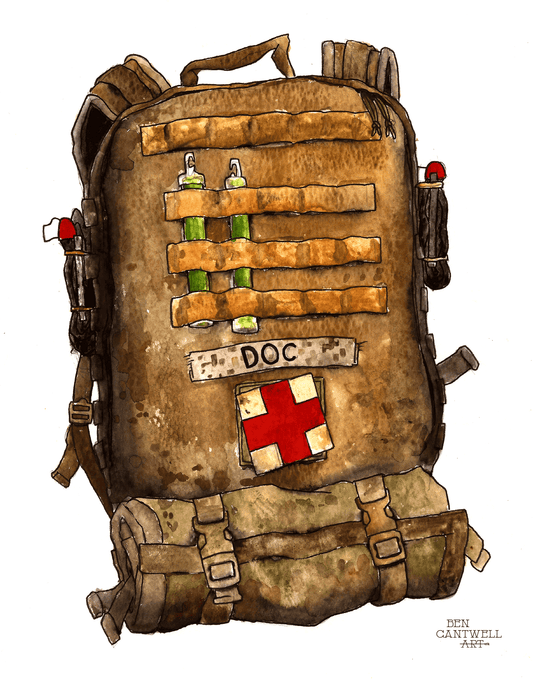 Print of a bag design titled "Doc's Bag" by Ben Cantwell Art, featuring detailed line art of a vintage-style bag.