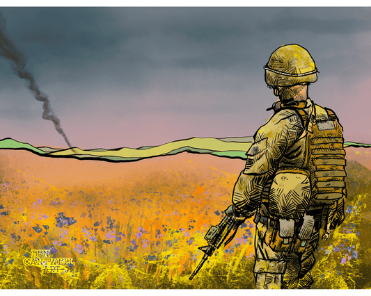 Print of a soldier as a first responder by Ben Cantwell Art, featuring detailed military imagery and bold colors.