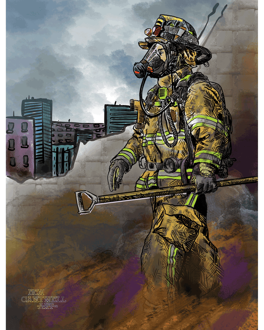 Print of a firefighter in gear, created by Ben Cantwell Art, showcasing a heroic first responder in action.