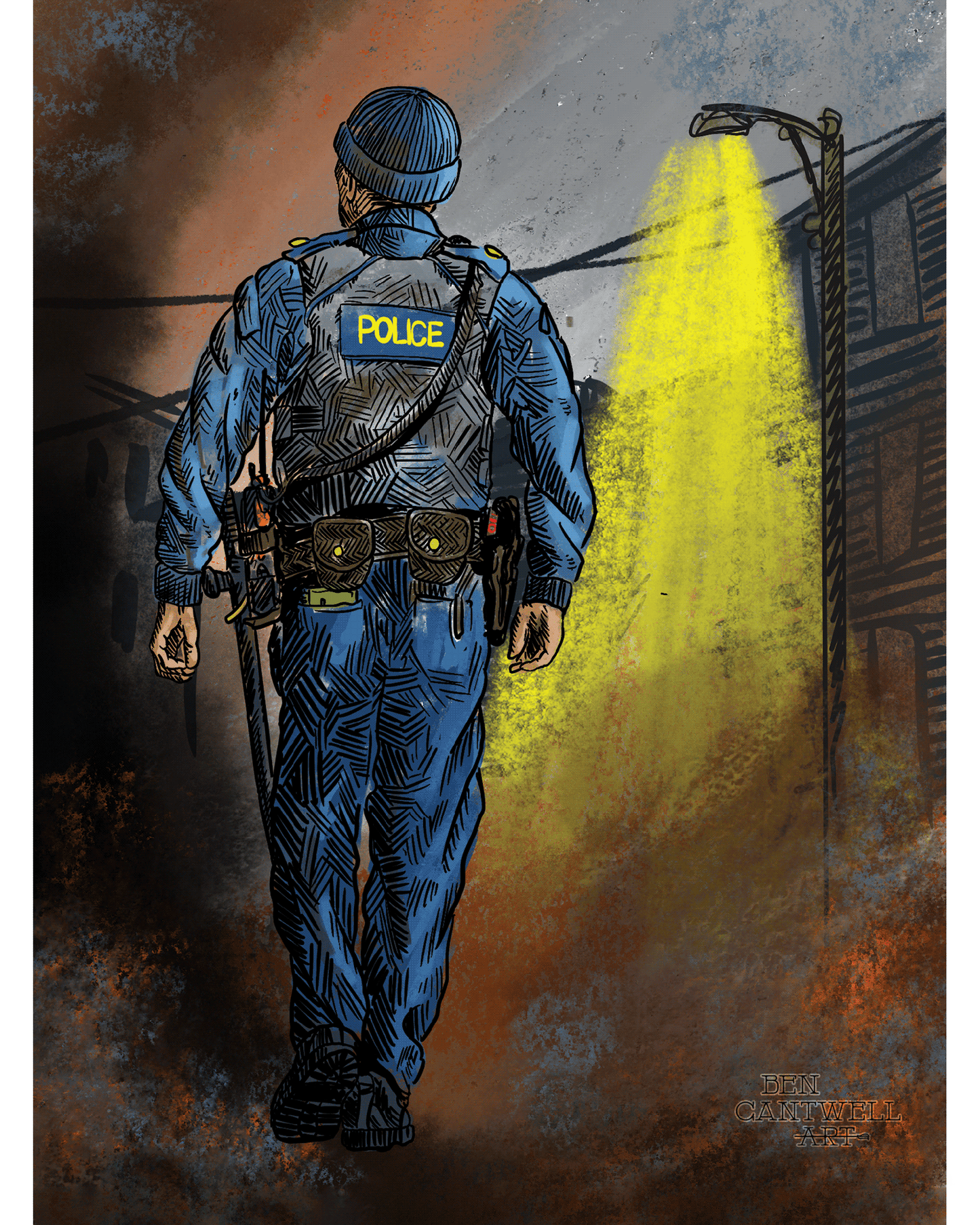Print of a police officer first responder scene by Ben Cantwell Art, featuring a detailed depiction of law enforcement in action.