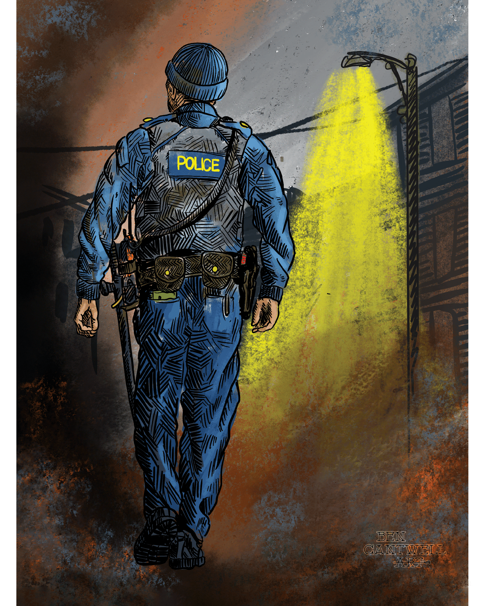 Print of a police officer first responder scene by Ben Cantwell Art, featuring a detailed depiction of law enforcement in action.
