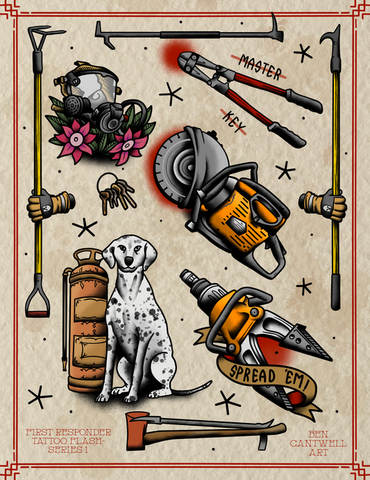 Firefighter-themed tattoo flash sheet featuring first responder illustrations by Ben Cantwell Art, showcasing detailed print designs.