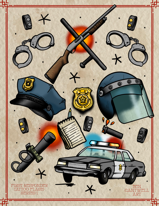 First responder tattoo flash sheet featuring law enforcement designs by Ben Cantwell Art, printed on paper with various police-themed images.