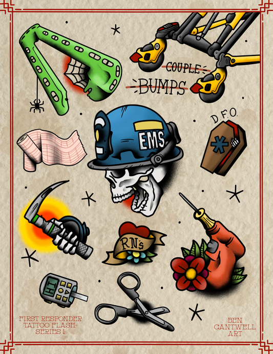 First responder tattoo flash sheet featuring EMS-themed designs by Ben Cantwell Art, printed on paper.