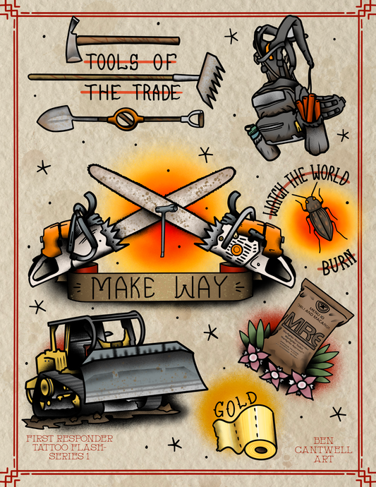 Wildland firefighting-themed tattoo flash sheet by Ben Cantwell Art featuring first responder and firefighting illustrations.