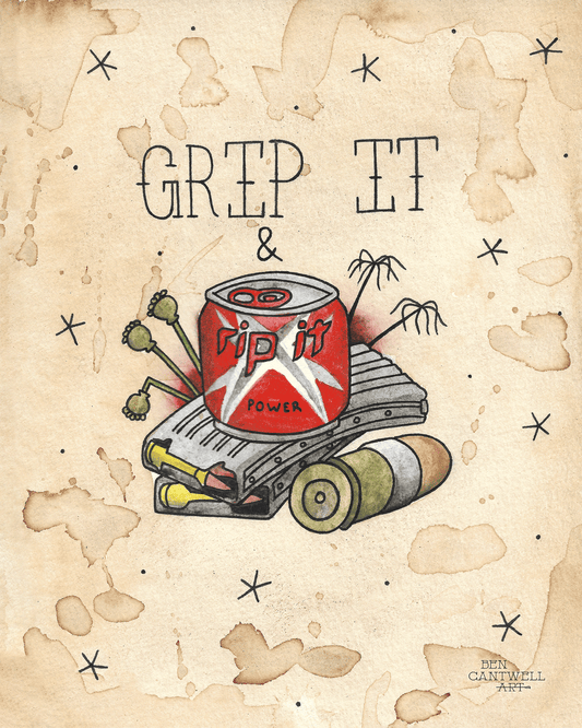 Colorful print titled "Grip It and Rip It" by Ben Cantwell Art, featuring vibrant abstract design and dynamic shapes.