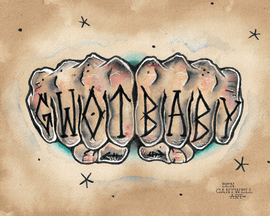 Print of GWOT baby knuckle tattoo design by Ben Cantwell Art, featuring bold black ink on paper.