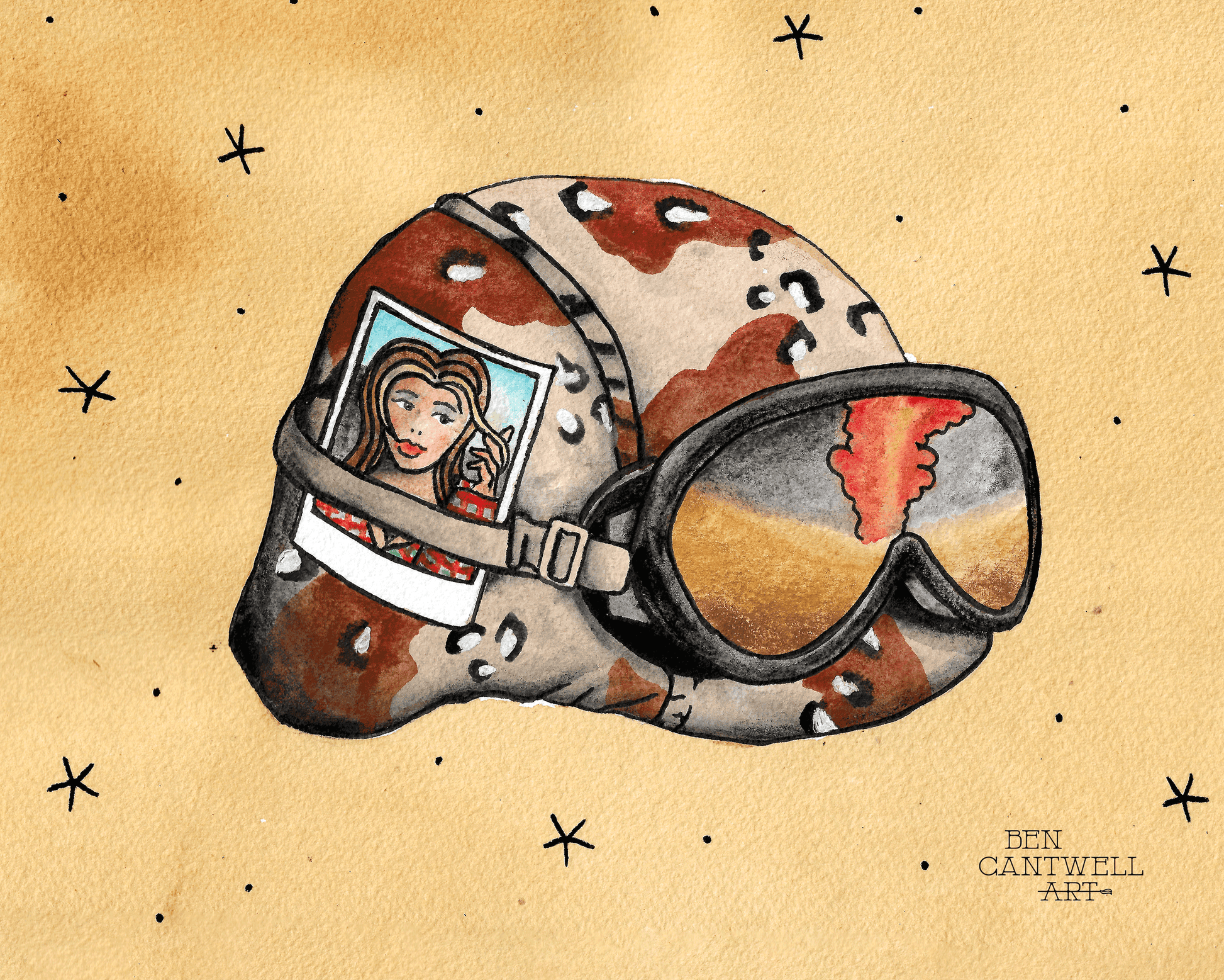 Print of a Gulf War helmet artwork by Ben Cantwell Art, showcasing a detailed military helmet in a realistic style.