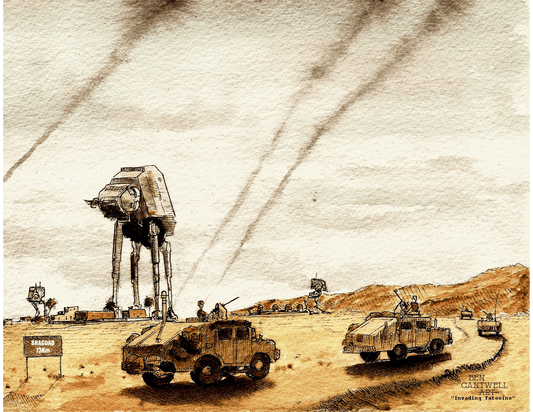 Print of a scene titled Invading Tatooine by Ben Cantwell Art, featuring a walker and Humvee on desert Tatooine landscape.