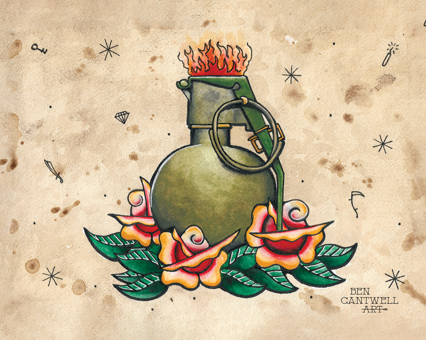 Print of a grenade with flowers by Ben Cantwell Art, featuring vibrant floral details on a military-style grenade illustration.
