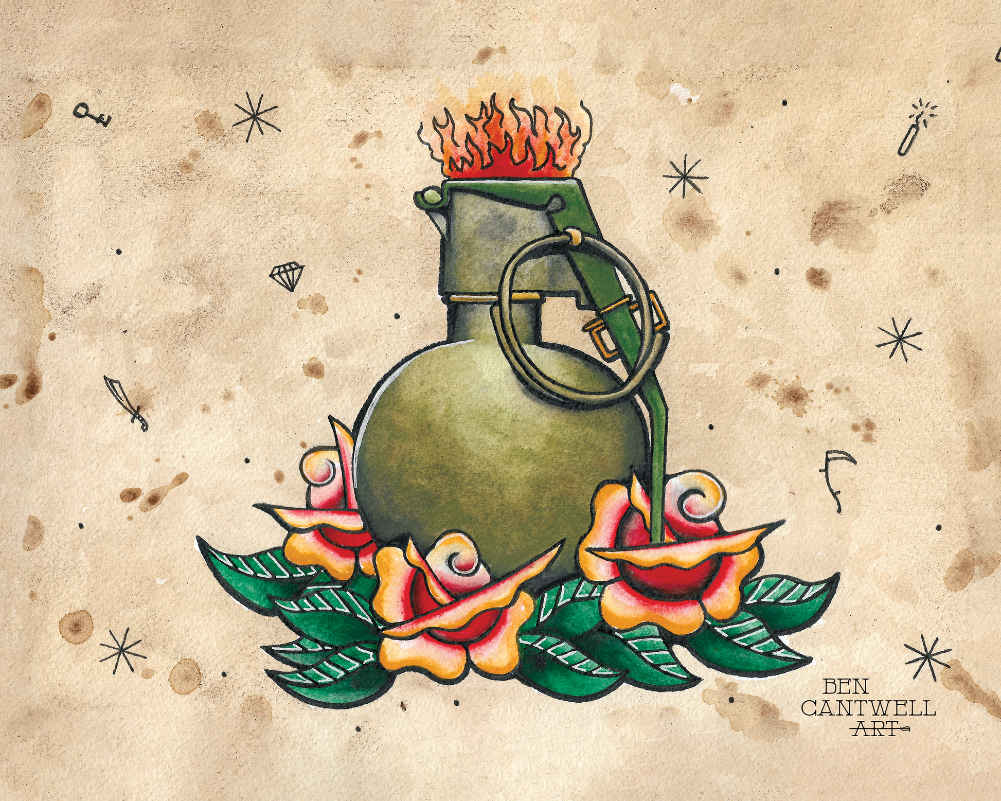 Print of a grenade with flowers by Ben Cantwell Art, featuring vibrant floral details on a military-style grenade illustration.
