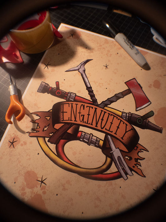 Print of an Enginuity Axe and Halligan fire rescue tools by Ben Cantwell Art, detailed illustration on white background.
