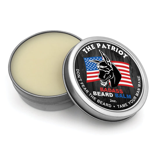 Badass Beard Care Patriot beard balm jar with label, showcasing natural ingredients and classic design for grooming and styling.