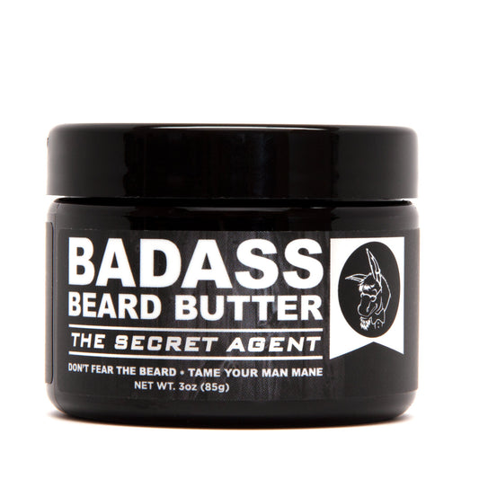 Badass Beard Care Secret Agent Beard Butter in a jar, showcasing the smooth, nourishing beard butter product with branding and packaging details.