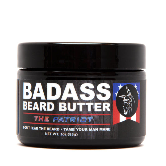 Badass Beard Care The Patriot Beard Butter in a jar, showcasing natural beard butter with a rugged label for grooming and conditioning.