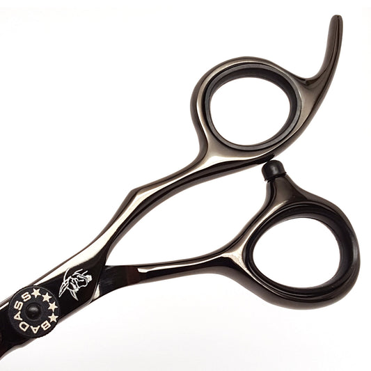Badass Beard Care Titanium Series shaping scissors with sharp blades and ergonomic handles for precise hair trimming.