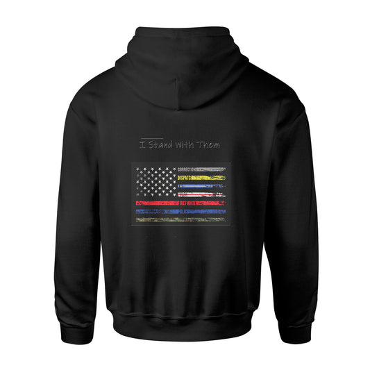 Unisex Biblend hoodie from American Print On Demand with "I Stand With Them" design, shown from the back in black fabric.