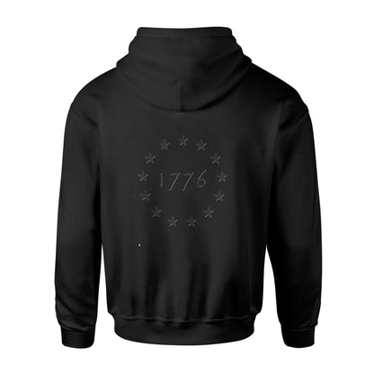 Back view of American Print On Demand 1776 Biblend Unisex Hoodie featuring a front graphic design and comfortable fit.