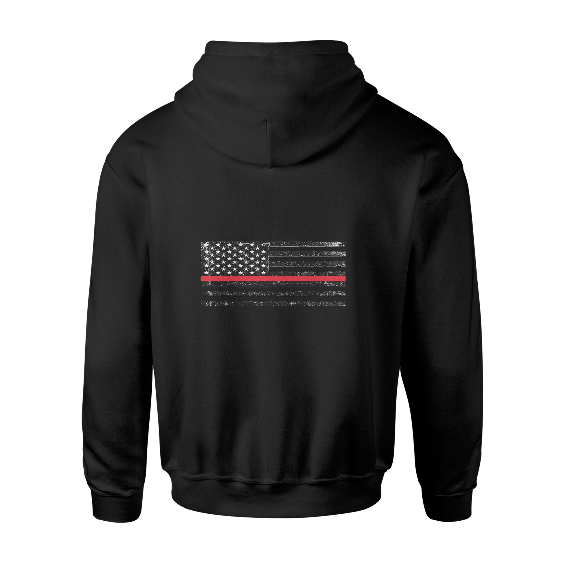 Back view of American Print On Demand Biblend Hoodie unisex in black with logo print on the back.