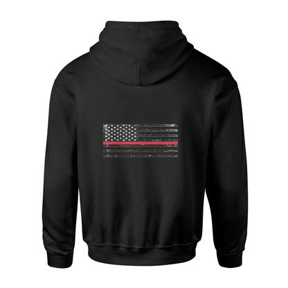 Back view of American Print On Demand Biblend Hoodie unisex in black with logo print on the back.