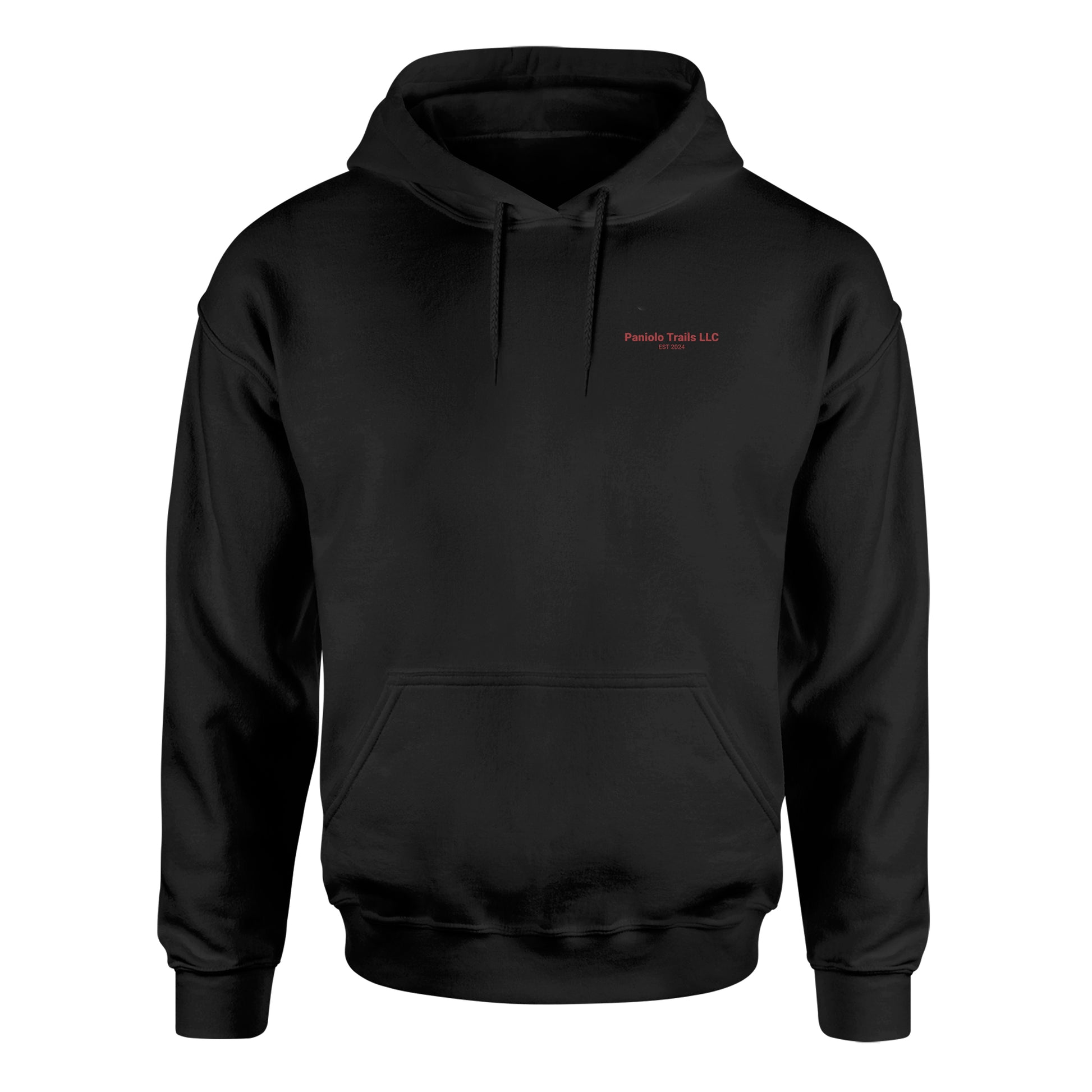 Unisex Biblend hoodie featuring Paniolo Trails logo and words, with front view showcasing the American Print On Demand branding.