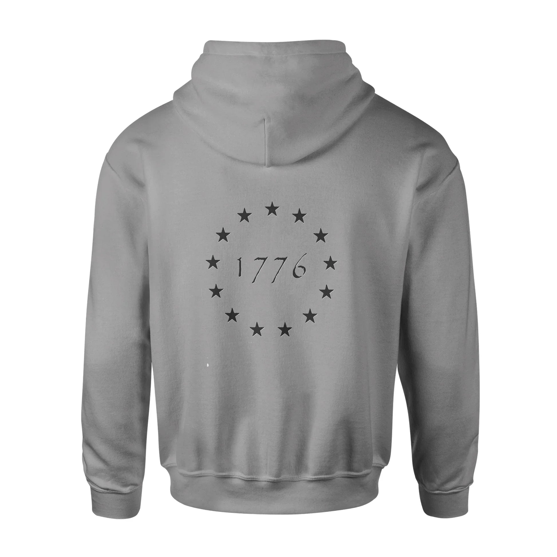 Unisex 1776 Biblend Hoodie by American Print On Demand, back view showing gray fabric and hoodie design.
