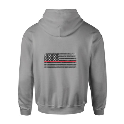 Unisex Biblend hoodie by American Print On Demand, back view showcasing the hoodie’s fit and design in gray fabric.