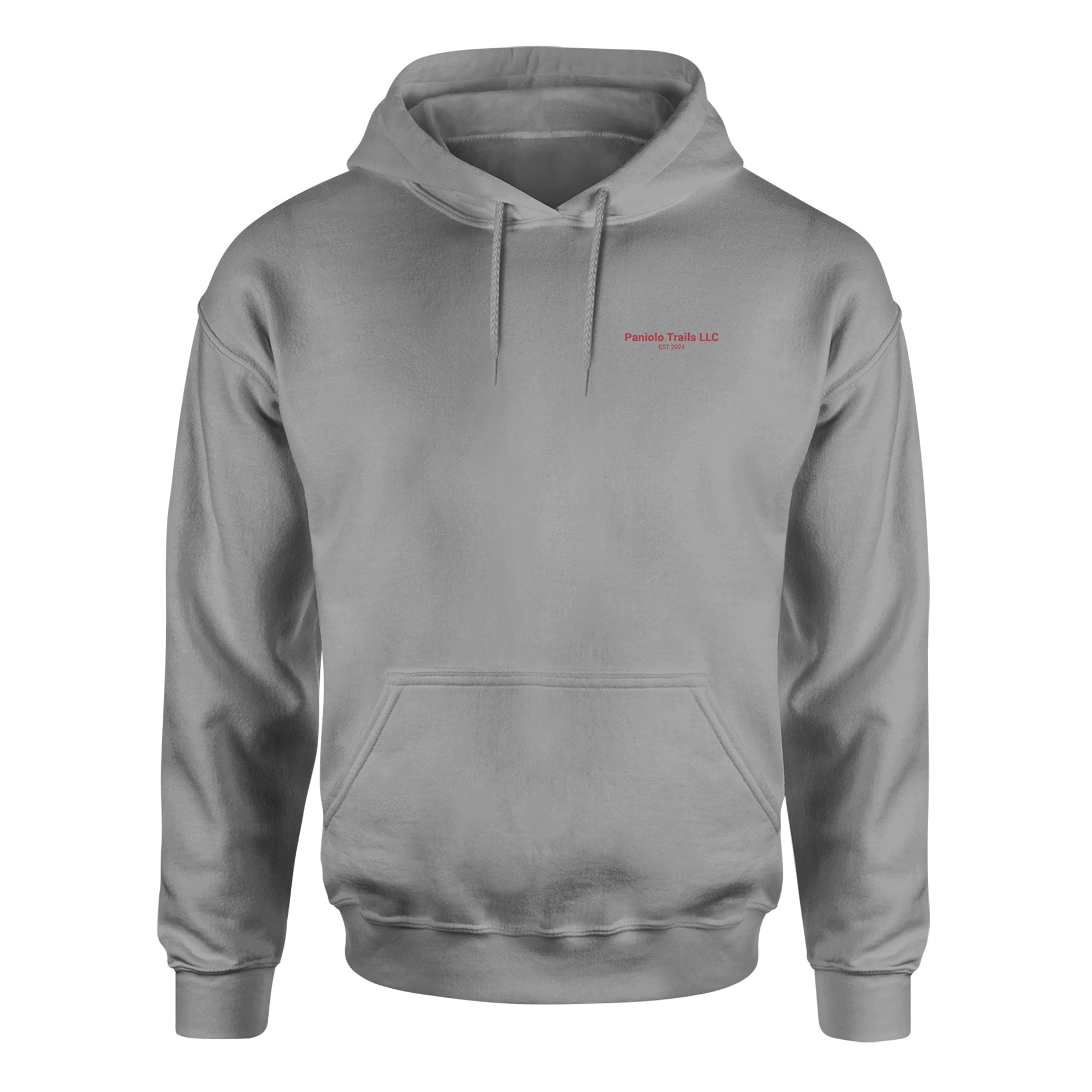 Unisex Biblend hoodie by American Print On Demand featuring Paniolo Trails logo and lettering on the front in a gray color.