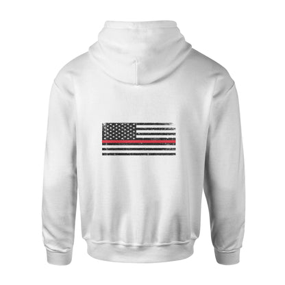 Back view of American Print On Demand unisex Biblend Hoodie with white color and front logo design.
