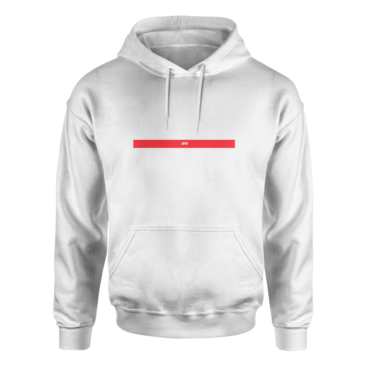 Unisex Biblend Hoodie by American Print On Demand, front view showing white hoodie with black logo and design.