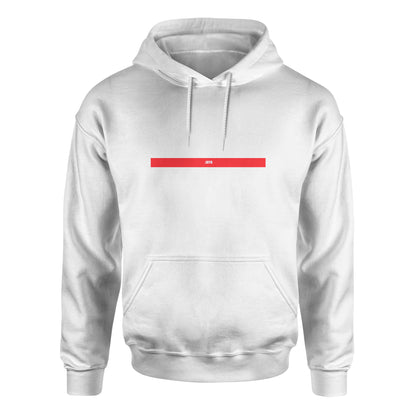 Unisex Biblend Hoodie by American Print On Demand, front view showing white hoodie with black logo and design.