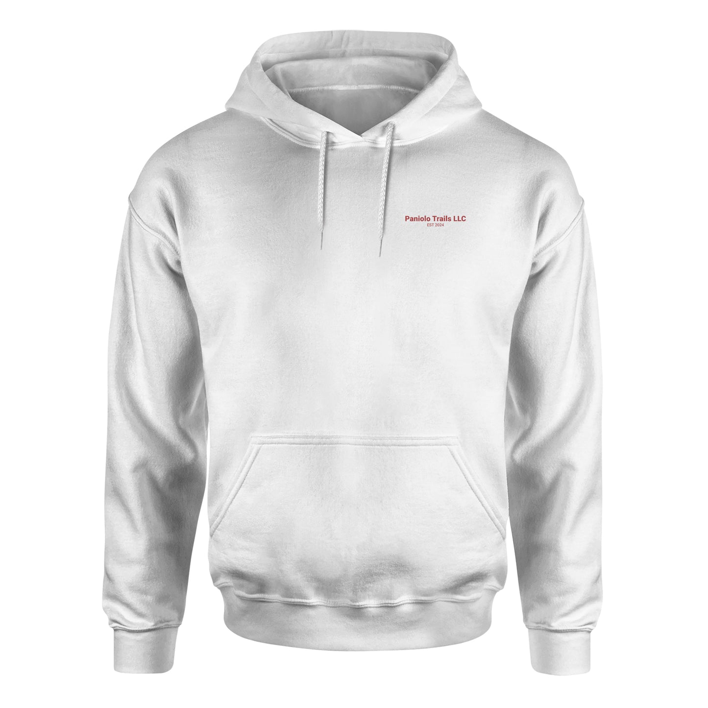 Unisex Biblend hoodie with Paniolo Trails logo and words, front view, American Print On Demand branding visible.
