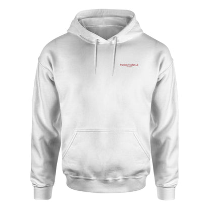 Unisex Biblend hoodie with Paniolo Trails logo and words, front view, American Print On Demand branding visible.