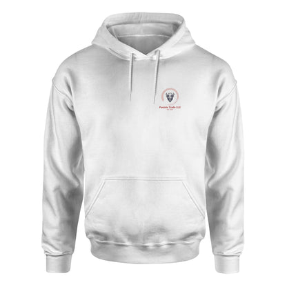 Unisex Biblend Hoodie by American Print On Demand featuring a front mini logo design, shown in white with a cozy fit.