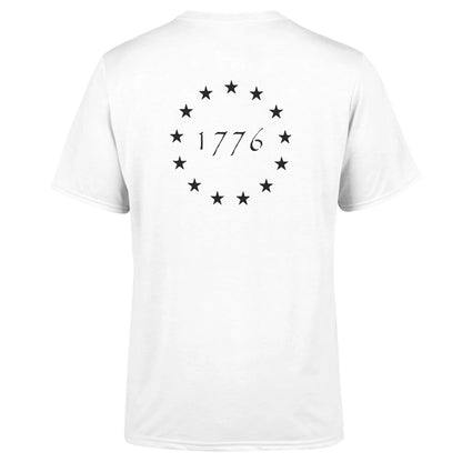 Unisex 1776 USA Made jersey by American Print On Demand, back view showcasing white fabric with patriotic design details.