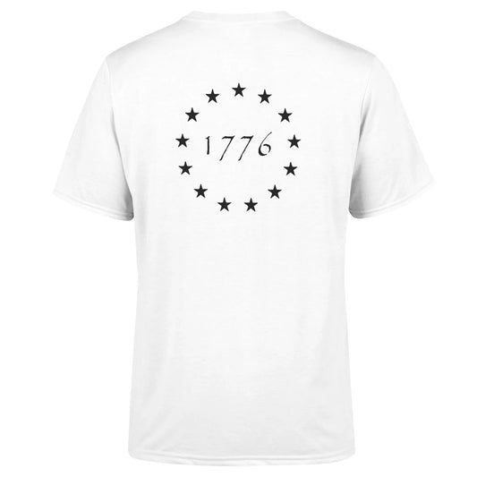 Unisex 1776 USA Made jersey by American Print On Demand, back view showcasing white fabric with patriotic design details.