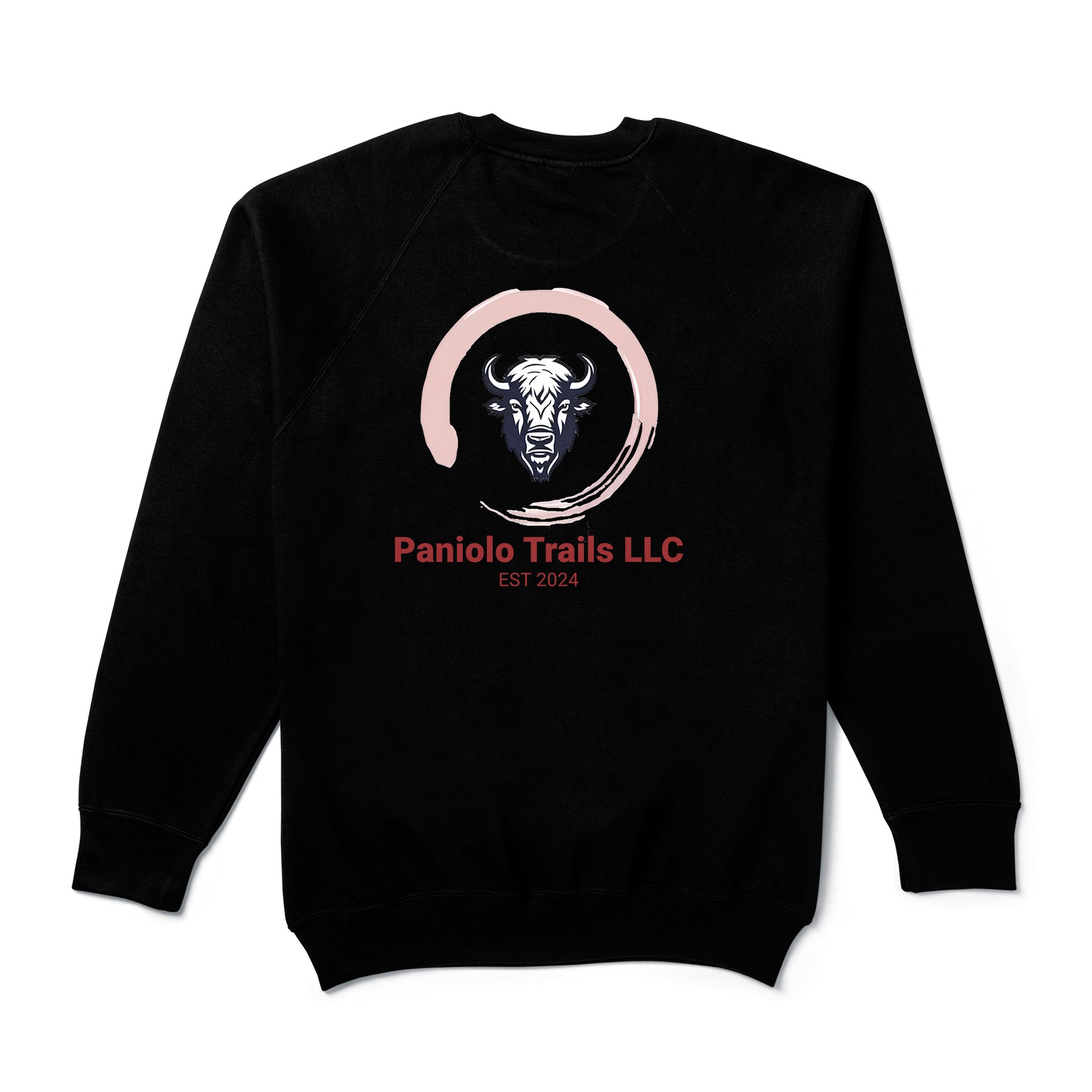 Unisex raglan crewneck sweatshirt with Paniolo Trails logo and words in black on French terry fabric, back view.