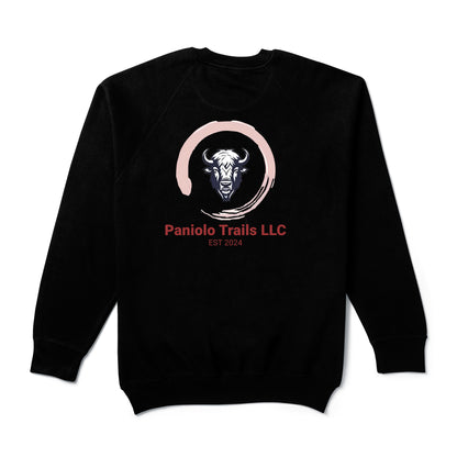 Unisex raglan crewneck sweatshirt with Paniolo Trails logo and words in black on French terry fabric, back view.
