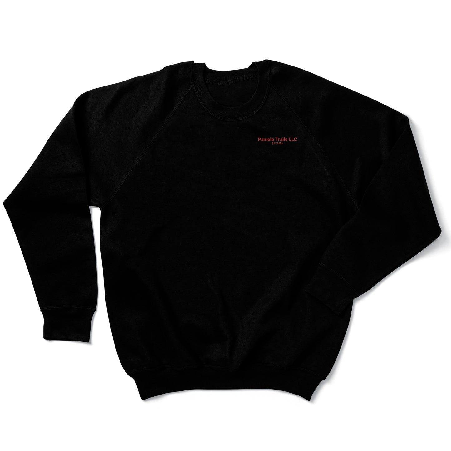 Unisex raglan crewneck sweatshirt with Paniolo Trails logo and words, made of French terry fabric by American Print On Demand.