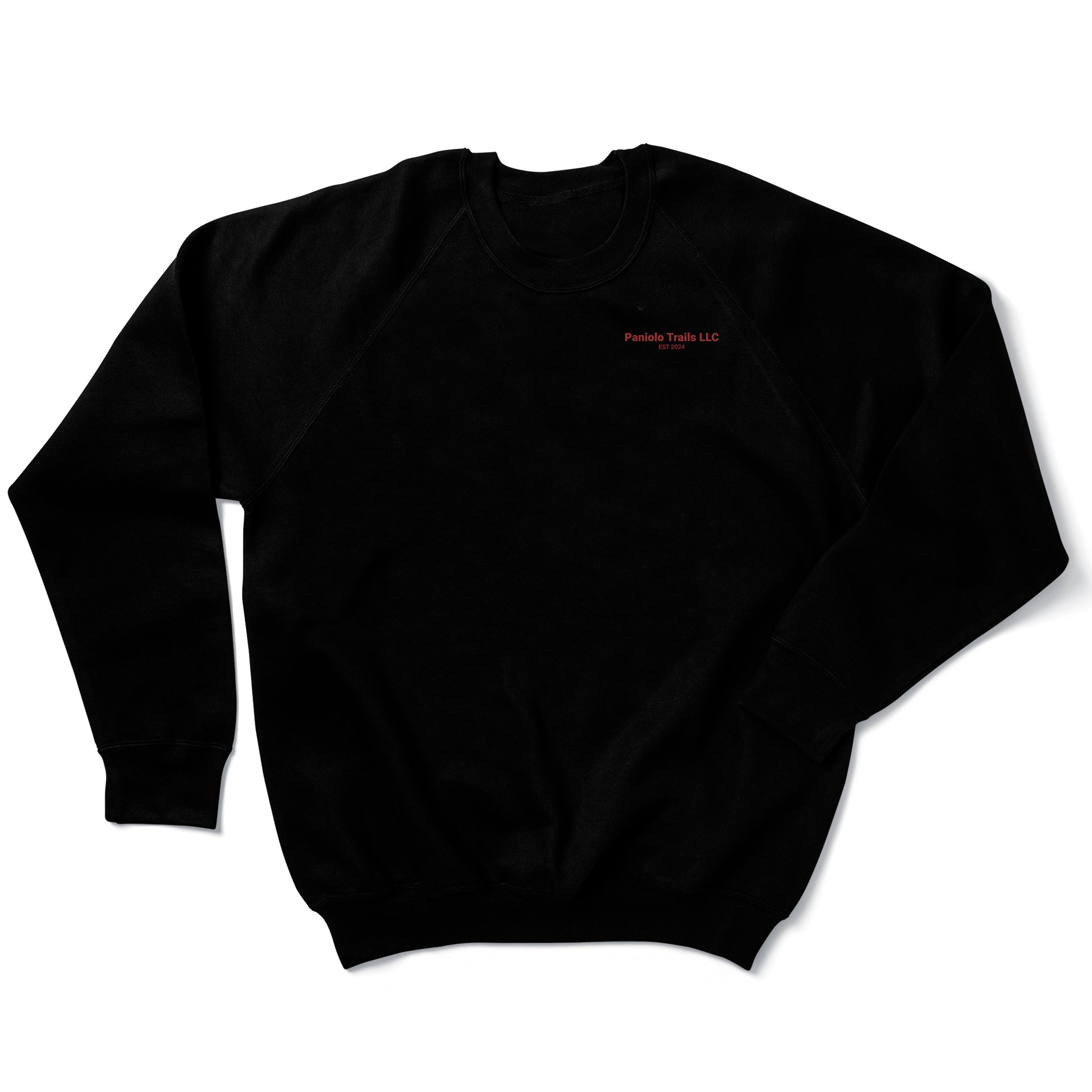 Unisex raglan crewneck sweatshirt with Paniolo Trails logo and words, made of French terry fabric by American Print On Demand.